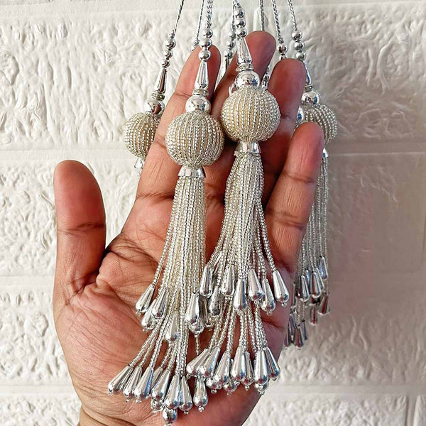 Handmade Ethnic Silver Seadbeads Latkan Tassel Set of 2 for Saree Pallu, Blouse, Suits, Dupatta, Lehenga Decor | Craft Shop India
