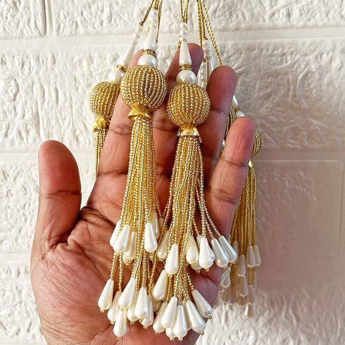 Handmade Ethnic Golden and White Seadbeads Latkan Tassel Set of 2 for Saree Pallu, Blouse, Suits, Dupatta, Lehenga Decor | Craft Shop India