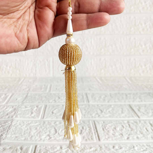 Handmade Ethnic Golden and White Seadbeads Latkan Tassel Set of 2 for Saree Pallu, Blouse, Suits, Dupatta, Lehenga Decor | Craft Shop India
