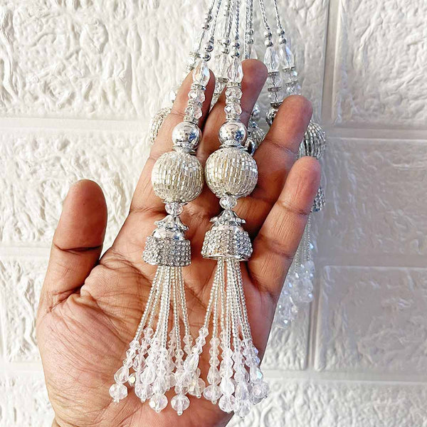 Handmade Ethnic Silver Cutdana Beads Latkan Tassel Set of 2 for Saree Pallu, Blouse, Suits, Dupatta, Lehenga Decor | Craft Shop India
