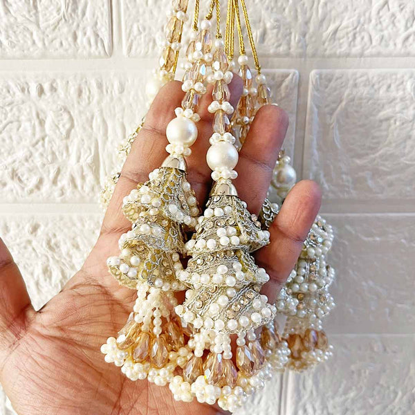 Beaded 3 Cone Latkan Tassel Pack of 2 for Saree Pallu, Blouse, Suits, Dupatta, Lehenga (White) | Craft Shop India