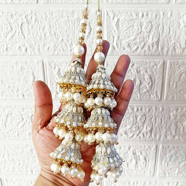 3 Cone Embroidered Glass Latkan in Pair for Ethnic Wear (White) | Craft Shop India