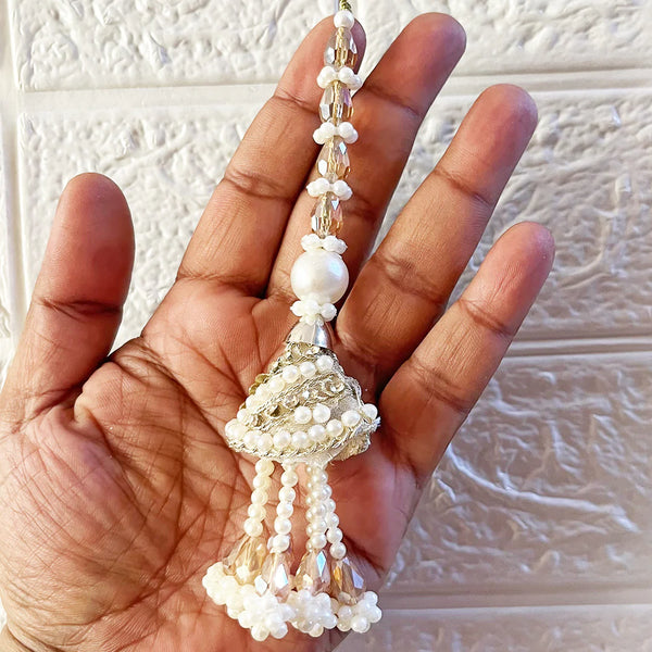 Beaded Cone Latkan Tassel Pack of 2 for Saree Pallu, Blouse, Suits, Dupatta, Lehenga (White) | Craft Shop India