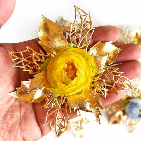 Golden Peonies Decorative Flower Bunch Pack of 4 for Trousseau, Gift Packing & Festive Décor | Craft Shop India