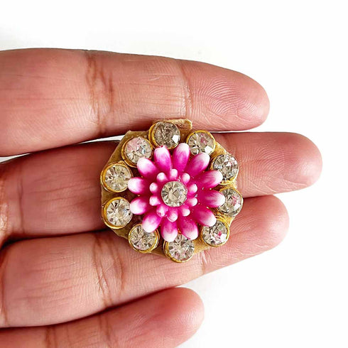 Big Size Rani Pink Flower Round Rhinestones Booti Pack Of 10 For God Cloths Decorations & DIY Craft