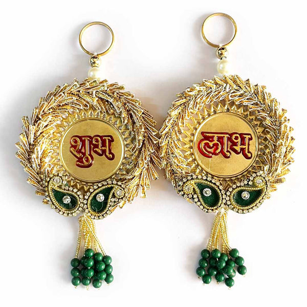 Golden with Green Color Shubh Labh For Home & Festive Decoration Set Of 2
