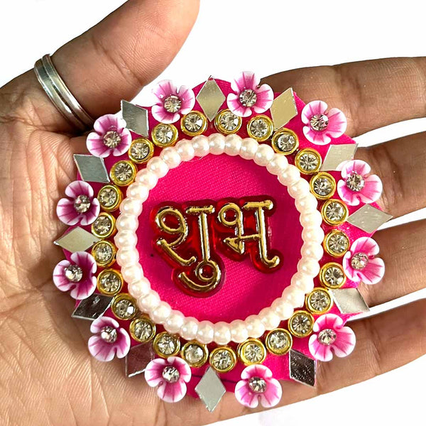 Rani Pink Color Shubh Labh Mirror, Beads & Rhinestones Work Booti Pack Of 4(2 Pair) For bandhanbar Decorations & DIY Craft
