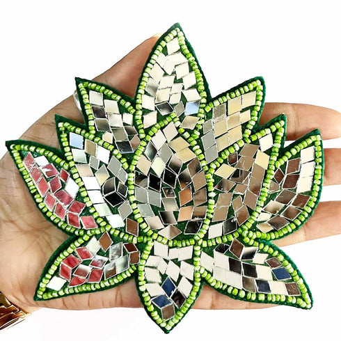 Green Color Beads & Mirror lotus design booti pack of 4 for toran tea light decoration & Festive DIY Craft