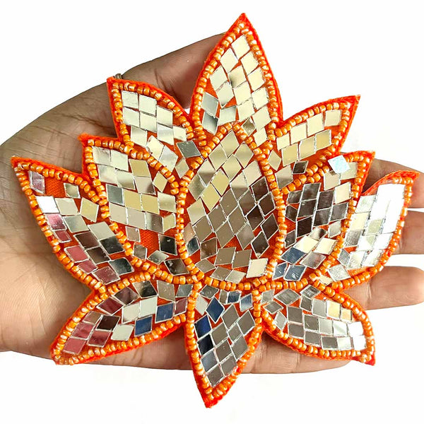 Beads & Mirror lotus design booti | Lotus Shape Mirror Design | Orange Color Lotus Design | Lotus Shape Booti | Craft Making Patch | Lotus Patch | Decorative Booti | Lotus Booti For Craft | Lotus Booti For Temple Decoration
