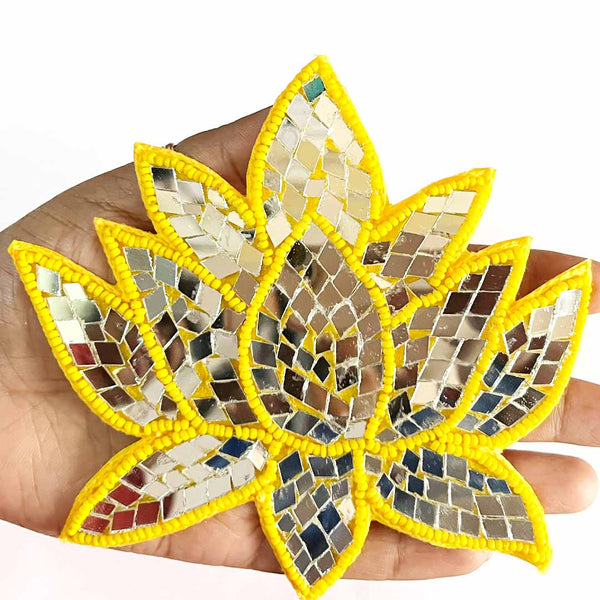 Yellow Color Beads & Mirror lotus design booti pack of 4 for toran tea light decoration & Festive DIY Craft