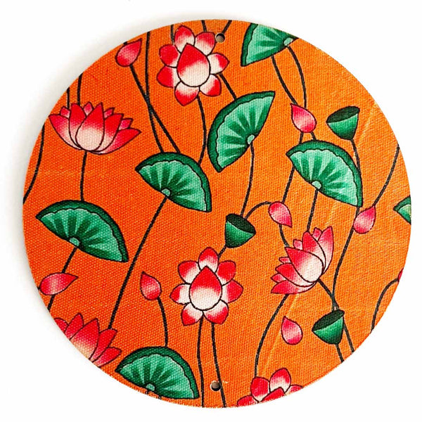 4 Inch Orange Color Pichwai Lotus Print Fabric Plates Festival & Wedding Decorations and DIY Craft