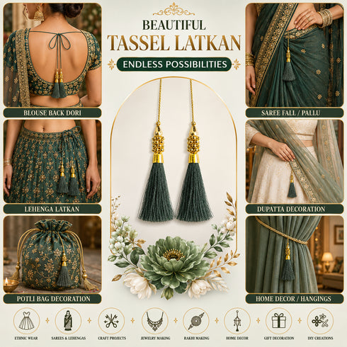 Dark Green Silk Thread Tassel Latkan with Golden Bead Cluster for Suit, Kurti, Gown, Saree, Blouse, Dupatta, Lehenga, Jewelry Making & DIY Art & Craft | Pack of 10 | Craft Shop India