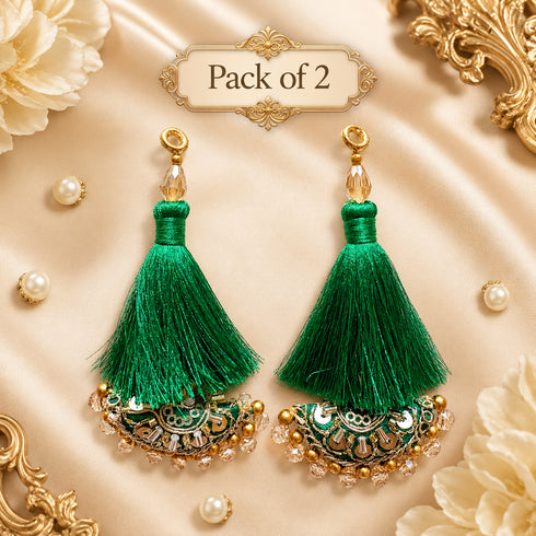 Green Mirror Work Curved Latkan Tassel Set of 2 for Saree Pallu, Blouse, Dupatta, Lehenga & DIY Craft Decoration | Craft Shop India