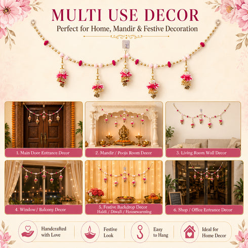 White Pearl & Rani Flower Toran Bandhanwar for Door Entrance | 40 Inch | Handmade Floral Door Hanging | Craft Shop India