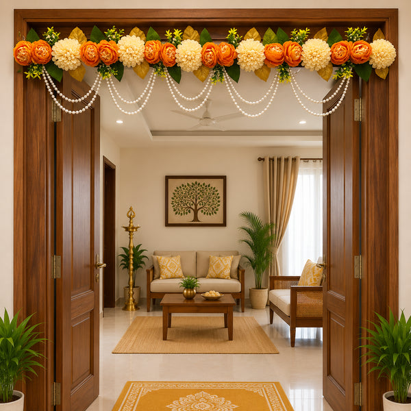 Orange & Ivory Floral Pearl Swag Toran for Main Door & Mandir Décor | Handmade Bandhanwar for Home Entrance & Festive Decoration | 40 Inch | Craft Shop India