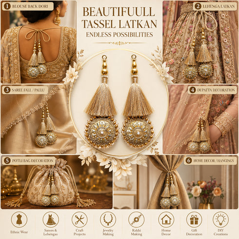 Golden Mirror Work Round Latkan Tassel Set of 2 for Saree Pallu, Blouse, Dupatta, Lehenga & DIY Craft Decoration | Craft Shop India