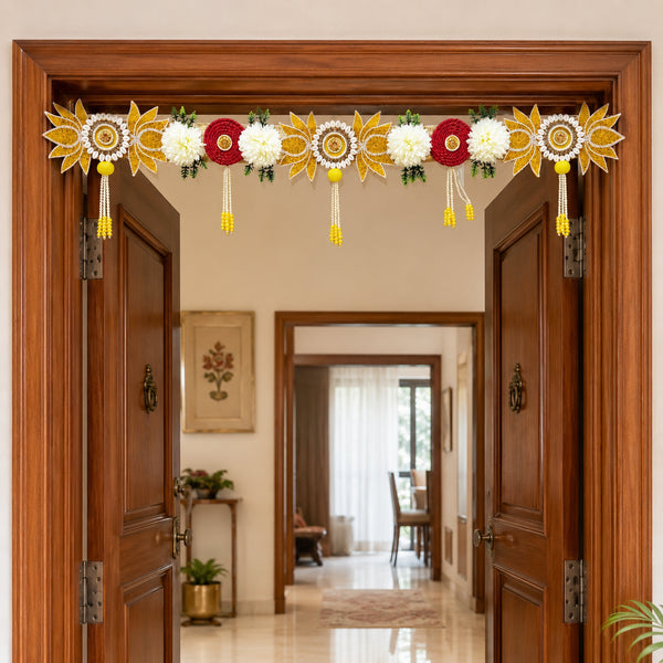 Yellow Lotus Red Floral Toran with Pearl Hangings for Main Door Décor | Handmade Bandhanwar for Home Entrance, Mandir & Festive Decoration | 40 Inch | Craft Shop India