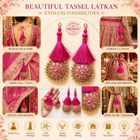 Rani Pink Mirror Work Round Latkan Tassel Set of 2 for Saree Pallu, Blouse, Dupatta & Lehenga Decoration | Craft Shop India