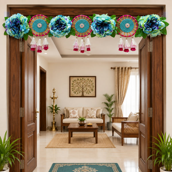 Aqua Blue Floral Chakra Toran with Layered Tassels for Main Door | Handmade Bandhanwar for Home Entrance, Mandir & Festive Décor | 40 Inch | Craft Shop India