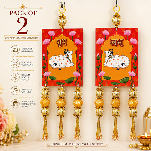 Orange Pichwai Cow Shubh Labh Tassels Hanging Pair for Home Decoration | Craft Shop India