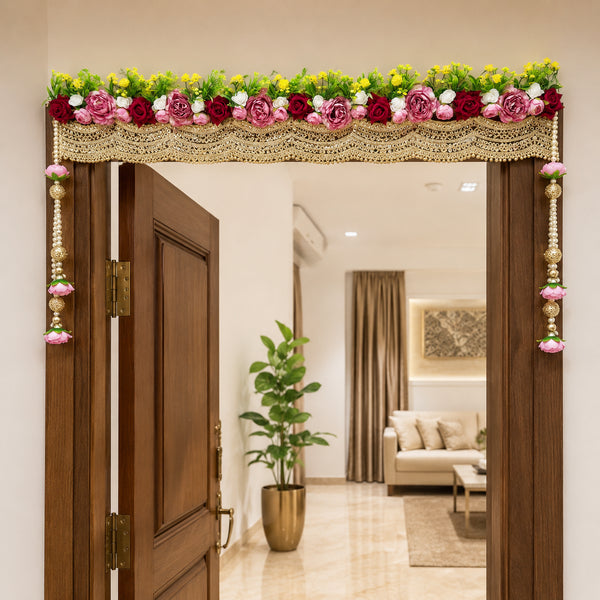 Rose Floral Lace Toran with Pearl Side Hangings for Main Door & Mandir | Handmade Decorative Bandhanwar for Home Entrance & Festive Décor | 40 Inch | Craft Shop India