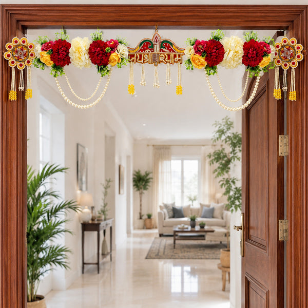 Jai Shri Shyam Red & White Floral Toran with Pearl Swags for Main Door | Handmade Bandhanwar for Home Entrance, Mandir & Festive Décor | 40 Inch | Craft Shop India