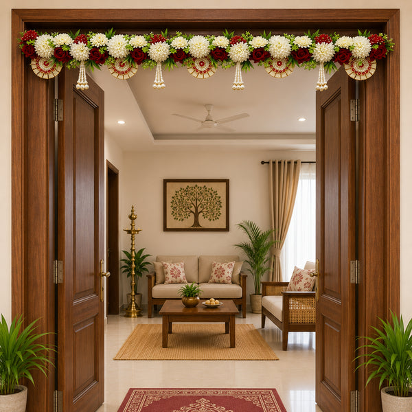 Red & White Floral Chakra Toran with Pearl Drops for Main Door | Handmade Bandhanwar for Home Entrance, Mandir & Festive Décor | 40 Inch | Craft Shop India