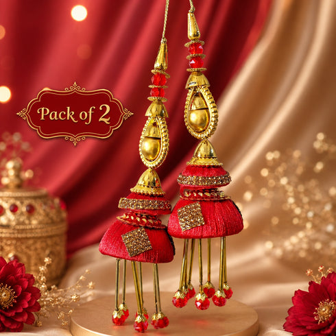 Red & Golden Handmade Double Layer Silk Jhumki Latkan Tassel Set of 2 for Saree, Blouse & Lehenga | Craft Shop India