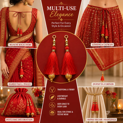 Bright Red Silk Hanging Tassels with Golden Cutdana Beads for Saree Pallu, Blouse, Lehenga, Dupatta, DIY Art & Craft Decoration | Pack of 10 | Craft Shop India