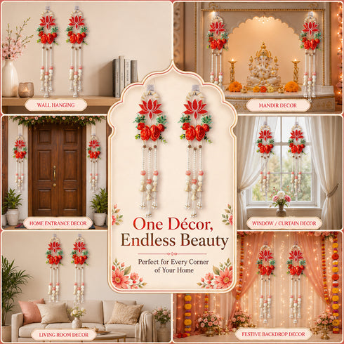 Orange Nalki Pichwai Lotus with Flower Bunch Hanging Pack of 2 | Wall Décor | Craft Shop India