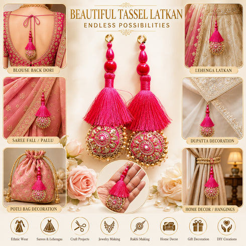 Rani Pink Mirror Work Round Latkan Tassel Set of 2 for Saree Pallu, Blouse, Dupatta, Lehenga & DIY Craft Decoration | Craft Shop India