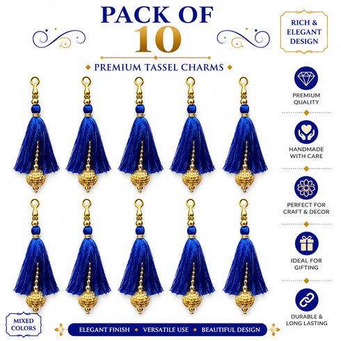 Royal Blue Silk Hanging Tassels with Golden Cutdana Beads for Saree Pallu, Blouse, Lehenga, Dupatta, DIY Art & Craft Decoration | Pack of 10 | Craft Shop India