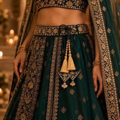 Dark Bottle Green Embroidered Triangle Potli Latkan Tassel Set of 2 for Saree, Blouse & Lehenga | Craft Shop India
