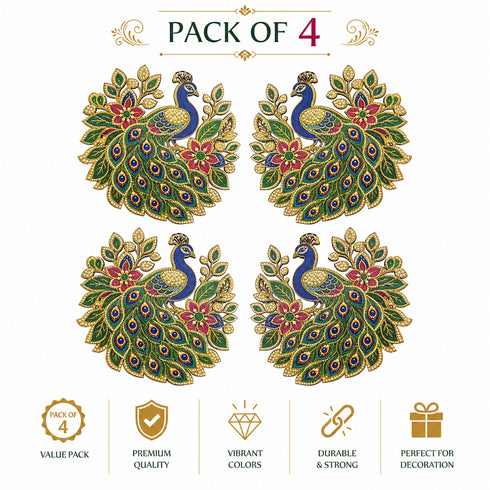 Beaded Peacock Printed MDF Cutout Pack of 4 | 6 Inch | DIY Decoration, Toran & Bandhanwar | Craft Shop India