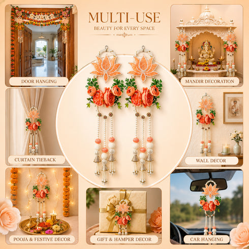 Peach Nalki Pichwai Lotus with Flower Bunch Hanging Pack of 2 | Traditional Wall Décor | Craft Shop India