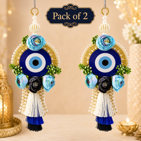 Blue Handmade Floral Evil Eye Door Hanging Pair with Pearl Beads & Tassels | Home & Mandir Decor | Craft Shop India