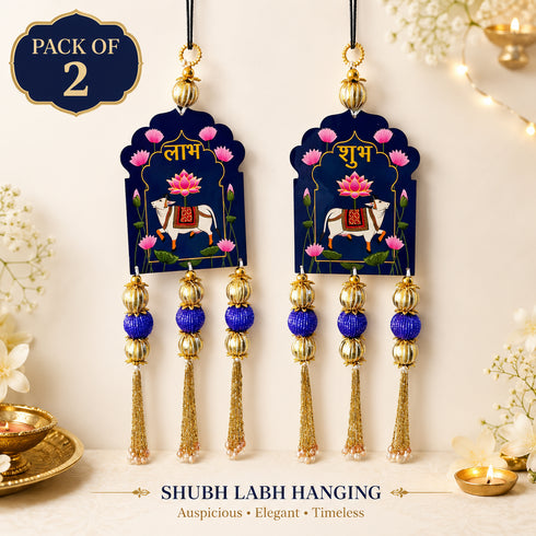 Blue Pichwai Cow Shubh Labh Tassels Hanging Pair for Home Decoration | Craft Shop India
