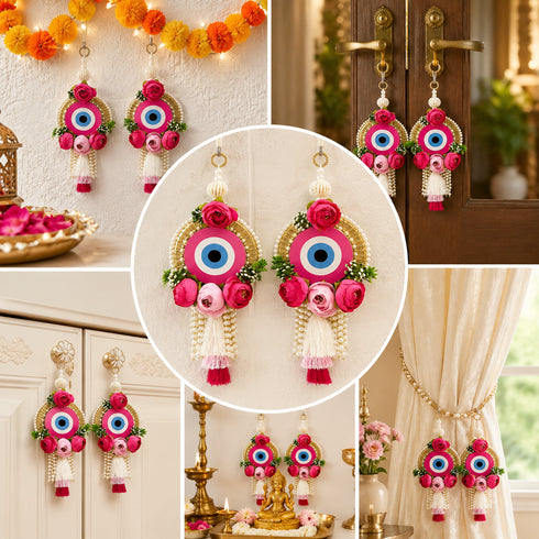 Pink Handmade Floral Evil Eye Door Hanging Pair with Pearl Beads & Tassels | Home & Mandir Decor | Craft Shop India