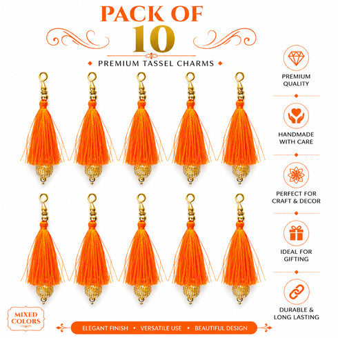 Orange Silk Hanging Tassels with Golden Cutdana Beads for Saree Pallu, Blouse, Lehenga, Dupatta, DIY Art & Craft Decoration | Pack of 10 | Craft Shop India