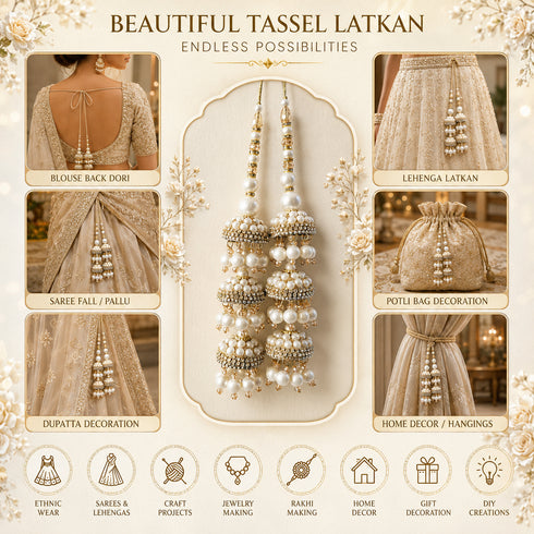Ivory Pearl Triple Jhumki Handmade Latkan Tassel Set of 2 for Saree, Blouse & Lehenga | Craft Shop India