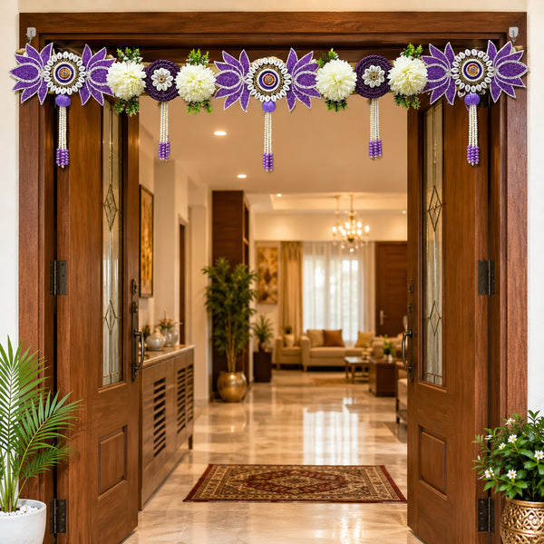 Purple Lotus White Floral Toran with Beaded Hangings for Entrance Décor | Handmade Bandhanwar for Main Door, Mandir & Festive Decoration | 40 Inch | Craft Shop India