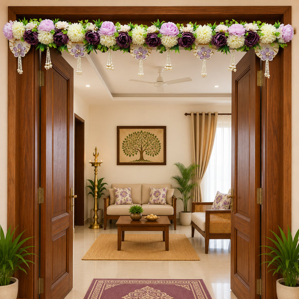 Plum & Lavender Floral Motif Toran with Pearl Drops for Main Door | Handmade Bandhanwar for Home Entrance, Mandir & Festive Décor | 40 Inch | Craft Shop India