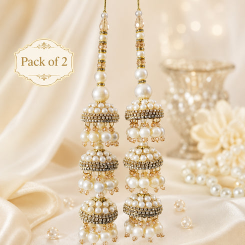 Ivory Pearl Triple Jhumki Handmade Latkan Tassel Set of 2 for Saree, Blouse & Lehenga | Craft Shop India