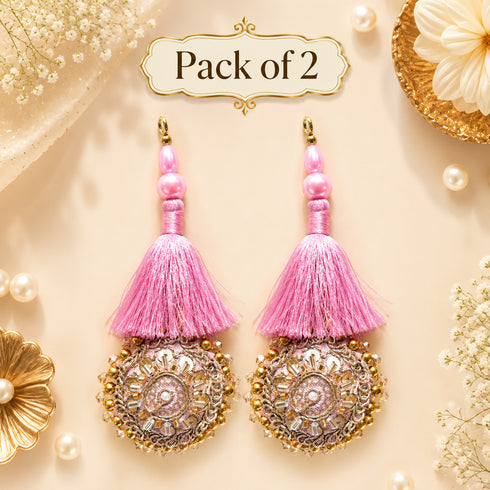 Baby Pink Mirror Work Round Latkan Tassel Set of 2 for Saree Pallu, Blouse, Dupatta & Lehenga | Craft Shop India