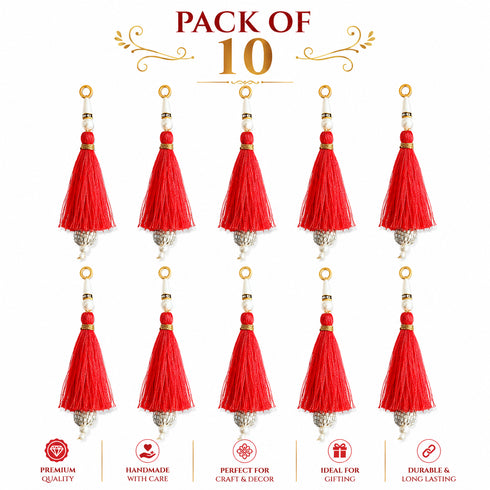 Red Silk Hanging Tassels with Silver Cutdana Beads for Saree Pallu, Blouse, Lehenga, Dupatta, DIY Craft & Decoration | Pack of 10 | Craft Shop India