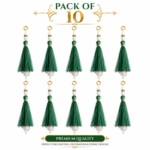 Green Silk Hanging Tassels with Silver Cutdana Beads for Saree Pallu, Blouse, Lehenga, Dupatta, DIY Art & Craft Decoration | Set of 10 | Craft Shop India
