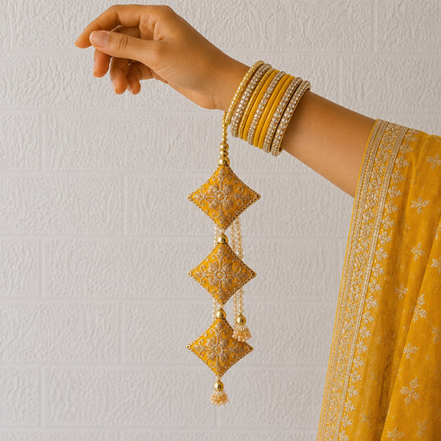 Mustard Yellow Latkan Tassel with Glass Beads Set of 2 | 20 Inch | Saree, Blouse & Lehenga | Craft Shop India