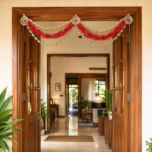 Red Floral Swag Toran with Golden Bead Chains for Main Door Decoration | Handmade Bandhanwar 40 Inch | Craft Shop India