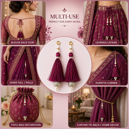 Wine Silk Hanging Tassels with Silver Cutdana Beads for Saree Pallu, Blouse, Lehenga, Dupatta, DIY Art & Craft Decoration | Pack of 10 | Craft Shop India