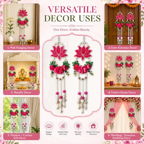 Rani Pink Nalki Pichwai Lotus with Flower Bunch Hanging Pack of 2 | Wall Décor | Craft Shop India